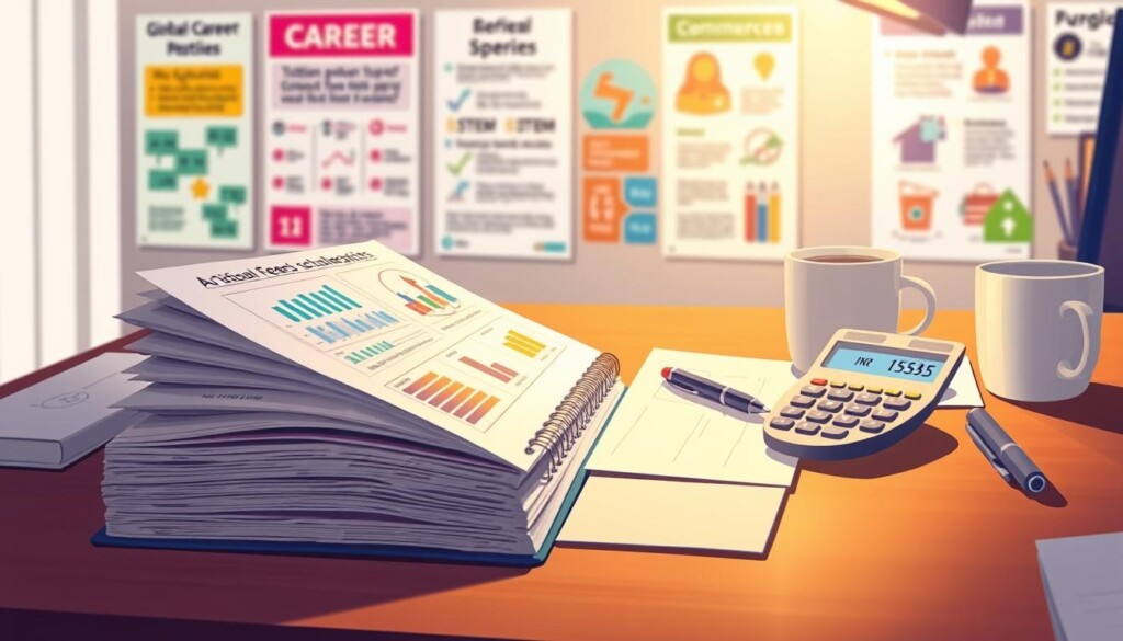 A visually engaging illustration representing "fees in INR" tailored for an educational context, featuring an organized desk setup. In the foreground, a stack of neatly arranged open notebooks with graphs and infographics about tuition fees and scholarships in India. The middle ground shows an elegant calculator displaying figures in INR currency, alongside a pen and a cup of coffee, suggesting a planning session. The background depicts a soft-focus wall adorned with educational posters related to various career paths suitable for girls after 10th grade, such as STEM, arts, and commerce. The lighting is warm and inviting, creating a focused yet optimistic atmosphere. Use a shallow depth of field to emphasize the foreground elements. Include a subtle hint of the brand name "Global Career Labs" integrated into the desk setup without being intrusive or obvious.