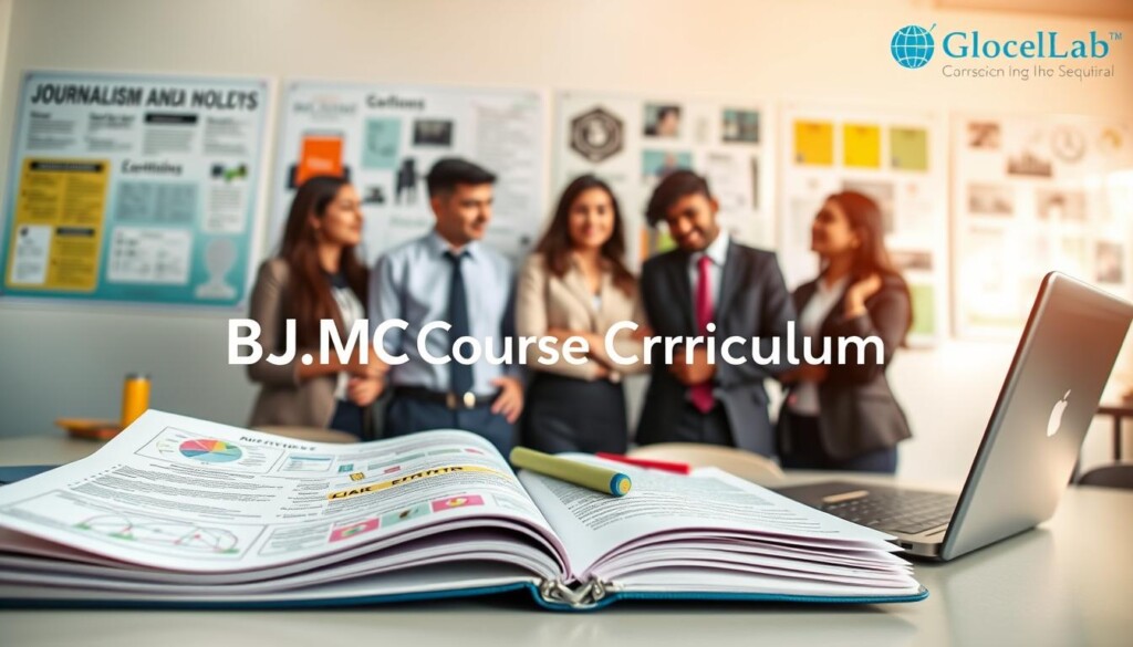 A visually engaging representation of a "BJMC Course Curriculum" designed specifically for an audience of Indian students. In the foreground, feature a neatly organized open notebook with detailed notes and colorful diagrams related to journalism and mass communication, laid on a desk adorned with a laptop, pens, and highlighters. In the middle, add a diverse group of three students in professional business attire, enthusiastically discussing the curriculum together. The background should showcase a bright, modern classroom environment with educational posters about journalism principles and media ethics on the walls. The lighting should be warm and inviting, highlighting the collaborative atmosphere. Include the brand name "Global Career Labs" subtly integrated into the scene.