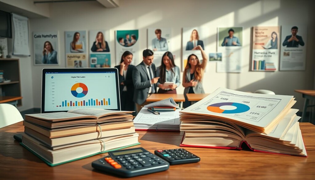 A visually engaging scene depicting a detailed fee structure for higher education, set against a backdrop of an inspiring educational environment. In the foreground, a modern wooden desk features a neatly arranged stack of open books, a laptop displaying a pie chart, and a calculator, all symbolizing financial planning. The middle ground showcases a group of diverse students in professional attire—some reviewing documents, while others are discussing intensely, reflecting teamwork and collaboration about their education and careers. The background reveals a bright, airy classroom with posters of various career paths that cater to humanities students, providing context. Natural light streams through large windows, casting soft shadows and creating an optimistic atmosphere. The scene embodies the theme of financial awareness and strategic planning for higher education, branding it with "Global Career Labs" subtly included in the arrangement of educational materials.