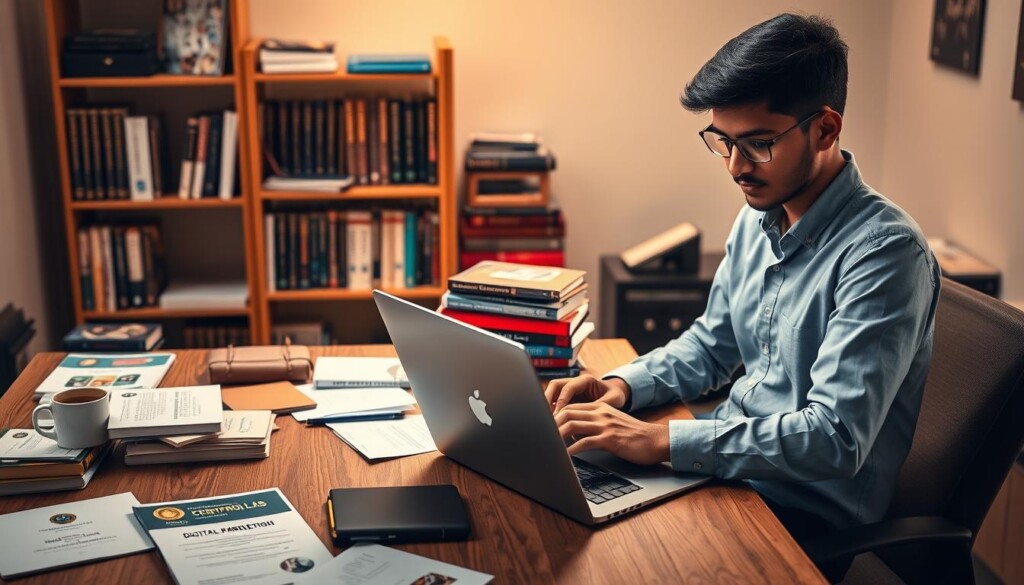 A visually engaging workspace representing the concept of "building a portfolio." In the foreground, a professional Indian student in smart casual attire is focused on their laptop, with a digital portfolio displayed on the screen, showcasing various certifications and projects. In the middle ground, a wooden desk cluttered with educational materials, a few textbooks on digital marketing, and a coffee cup create a productive atmosphere. In the background, a well-organized bookshelf features books on professional development and successful career stories, with warm, natural lighting highlighting the space. The overall mood is inspiring, reflecting a blend of traditional education and modern career development. Include a subtle branding element of "Global Career Labs" in the desktop design.