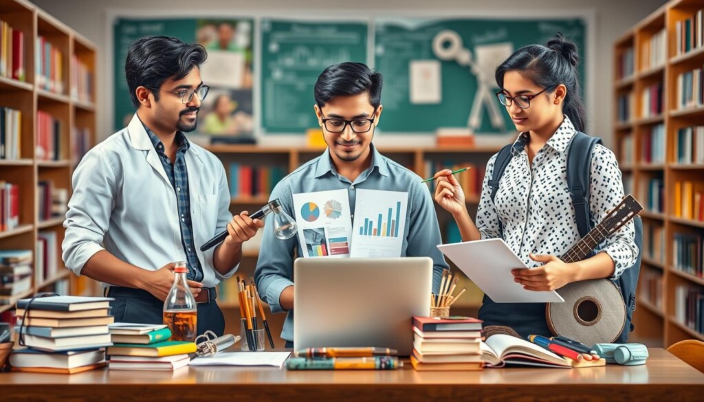 A visually striking comparison scene showcasing three distinct streams: Science, Commerce, and Arts, set against a vibrant educational backdrop. In the foreground, depict a trio of young Indian students in professional attire, each passionately discussing their respective fields. On the left, a student surrounded by science books, lab equipment, and charts, emitting a sense of curiosity and discovery. In the center, a student with graphs, financial documents, and a laptop symbolizing commerce, radiating ambition and analytical thinking. On the right, an arts student with a sketchbook, paintbrushes, and musical instruments, conveying creativity and expression. The middle section features a table with items pertinent to each stream, while the background showcases an academic setting with bookshelves, encouraging a scholarly atmosphere. Soft, warm lighting enhances the collaborative mood, captured with a focal length of 35mm for a balanced composition. This image is geared towards educating and inspiring Indian