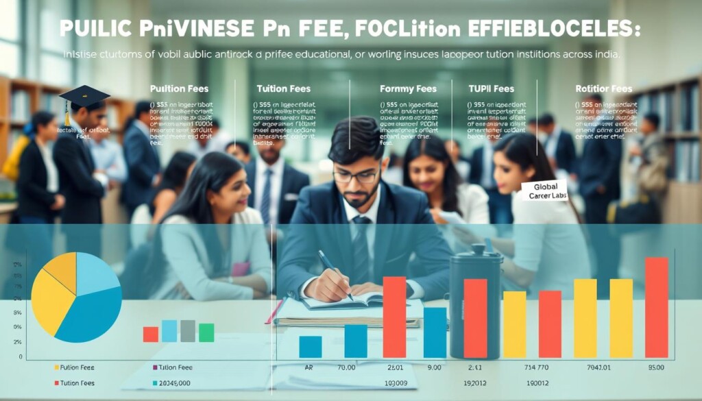 An informative infographic visualizing the diverse fee structures of public and private educational institutions across India. In the foreground, include pie charts and bar graphs showcasing different tuition fees, surrounded by symbolic images like student books and graduation caps. The middle layer should illustrate a diverse group of Indian students, dressed in professional business attire, engaged in discussions around a table, analyzing charts, and taking notes. The background should feature a blurred academic environment, like a university campus, lending depth. The overall mood should be one of focus and determination, capturing the essence of financial planning for higher education. The lighting should be bright and professional, enhancing clarity, as if shot with a 35mm lens. Incorporate the brand name "Global Career Labs" subtly within the design, ensuring no text or watermarks distract from the informative visuals.