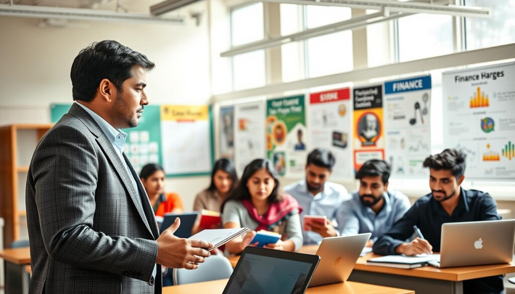 In a dynamic educational setting, illustrate a diverse group of Indian students engaged in a commerce class, emphasizing finance and business topics. In the foreground, feature a professional-looking Indian male teacher, dressed in a tailored suit, explaining concepts on a digital board. The middle ground should include students of various ethnicities, focused on their laptops and notebooks, showcasing teamwork and collaboration on projects. Bright natural light streams through large windows, illuminating the classroom and creating a warm, inviting atmosphere. The background should depict educational posters related to commerce, finance, and career paths, enhancing the thematic focus. The overall mood should inspire ambition and curiosity among students, reflecting the brand "Global Career Labs."