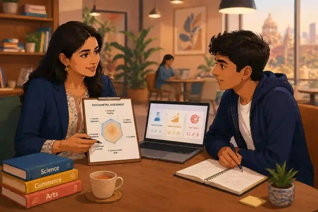 Two students in a cafe discuss a psychometric assessment chart held by one, with a laptop showing graphs on the table.