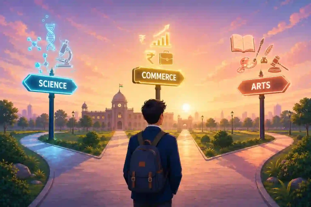 Indian student choosing between Science, Commerce, and Arts streams after Class 10