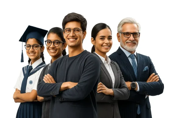 Indian students and mentor standing together representing expert career guidance and counselling in India.